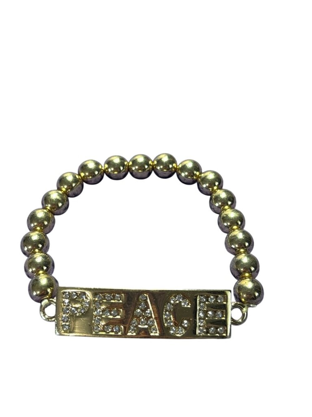Goldtone Beaded Stretchy Bracelet Clear Rhinestones Peace 6.5 inch Unstretched